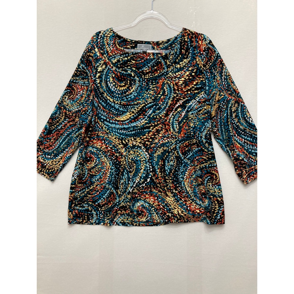 JM Collection Blouse Size XL Multi Metallic Swirl Abstract Paisley 3/4 Sleeve